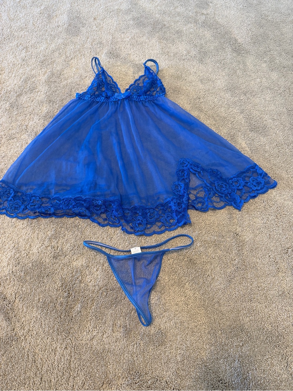 Frederick's of Hollywood Sheer Lace Chemise and Thong - Royal Blue
